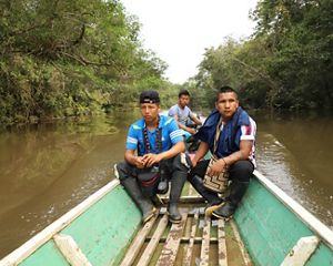 Three men from an Indigenous community in the Amazon rainforest are in the stern of a boat, travelling upriver.