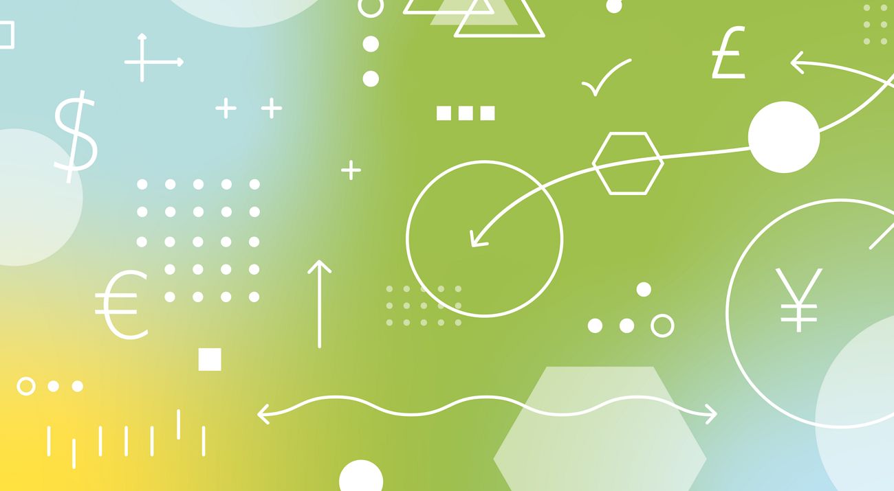 An abstract pattern of finance symbols over a color gradient