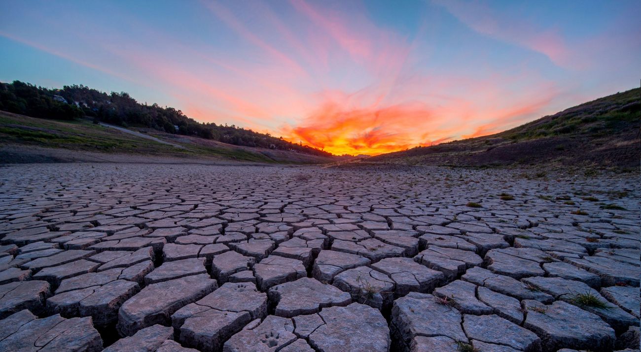 Dry river bed with sunset.