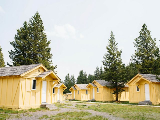 A group of yellow cottages with fir trees in the background.