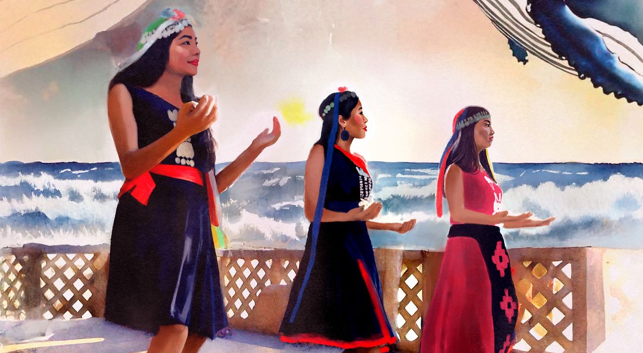 An illustration depicting a humpback whale jumping out of the water with women in ceremony on the shore.