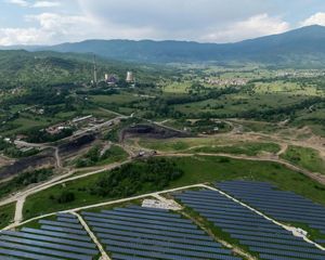 aerial view of solar park in fields.