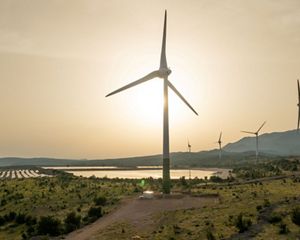Wind turbines in landscape in Europe.