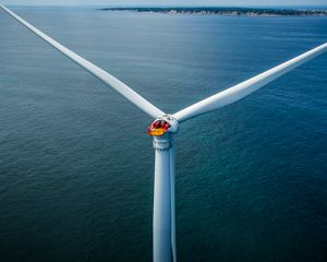A wind turbine off the Atlantic coast near Rhode Island, USA. 